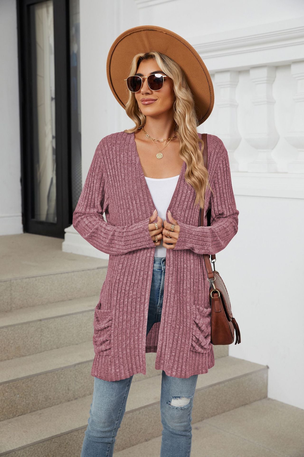 Solid Color Pocket Long-sleeved Bottom Cardigan Knitted Sweater