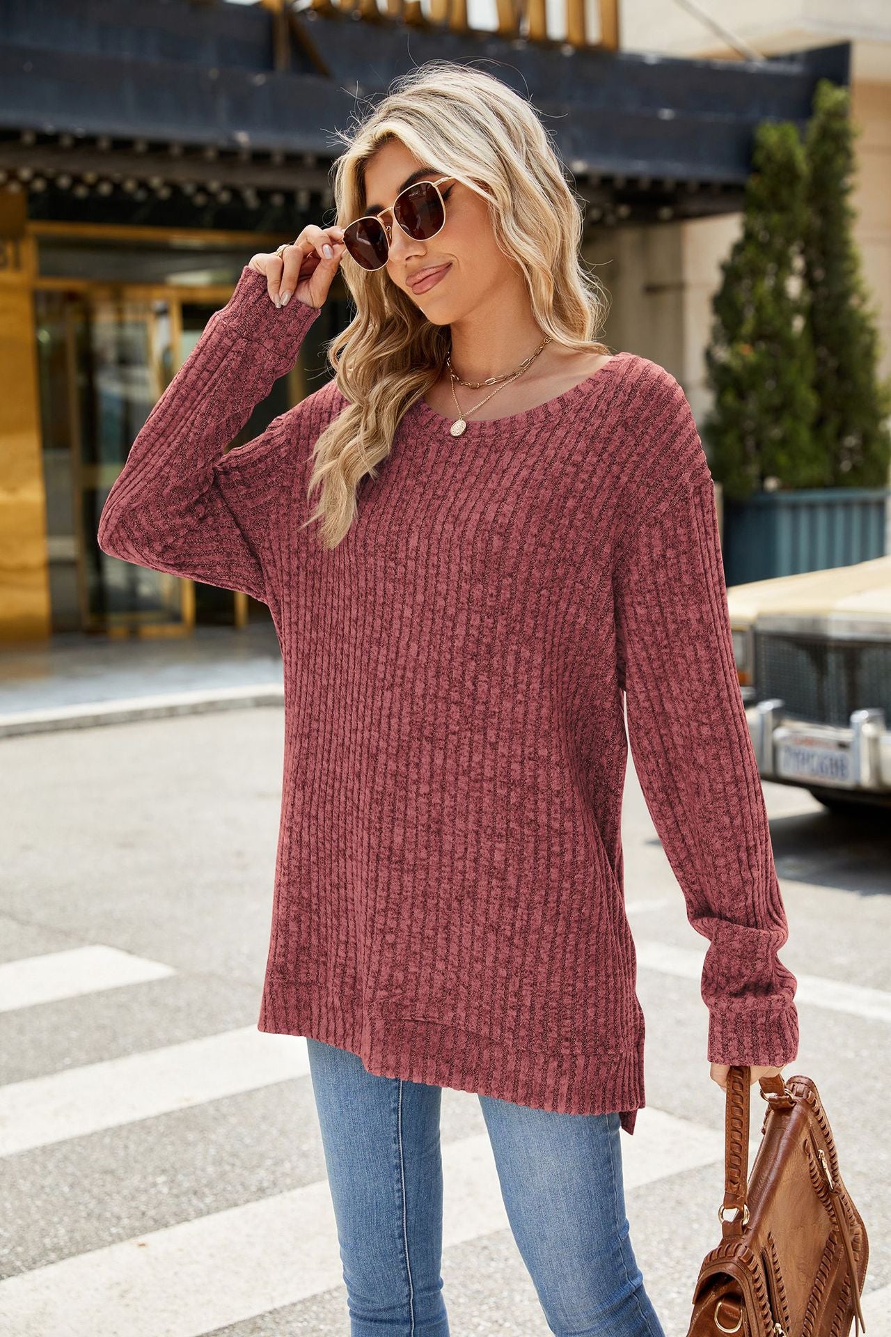 Crew Neck Loose Long-sleeved Split Top