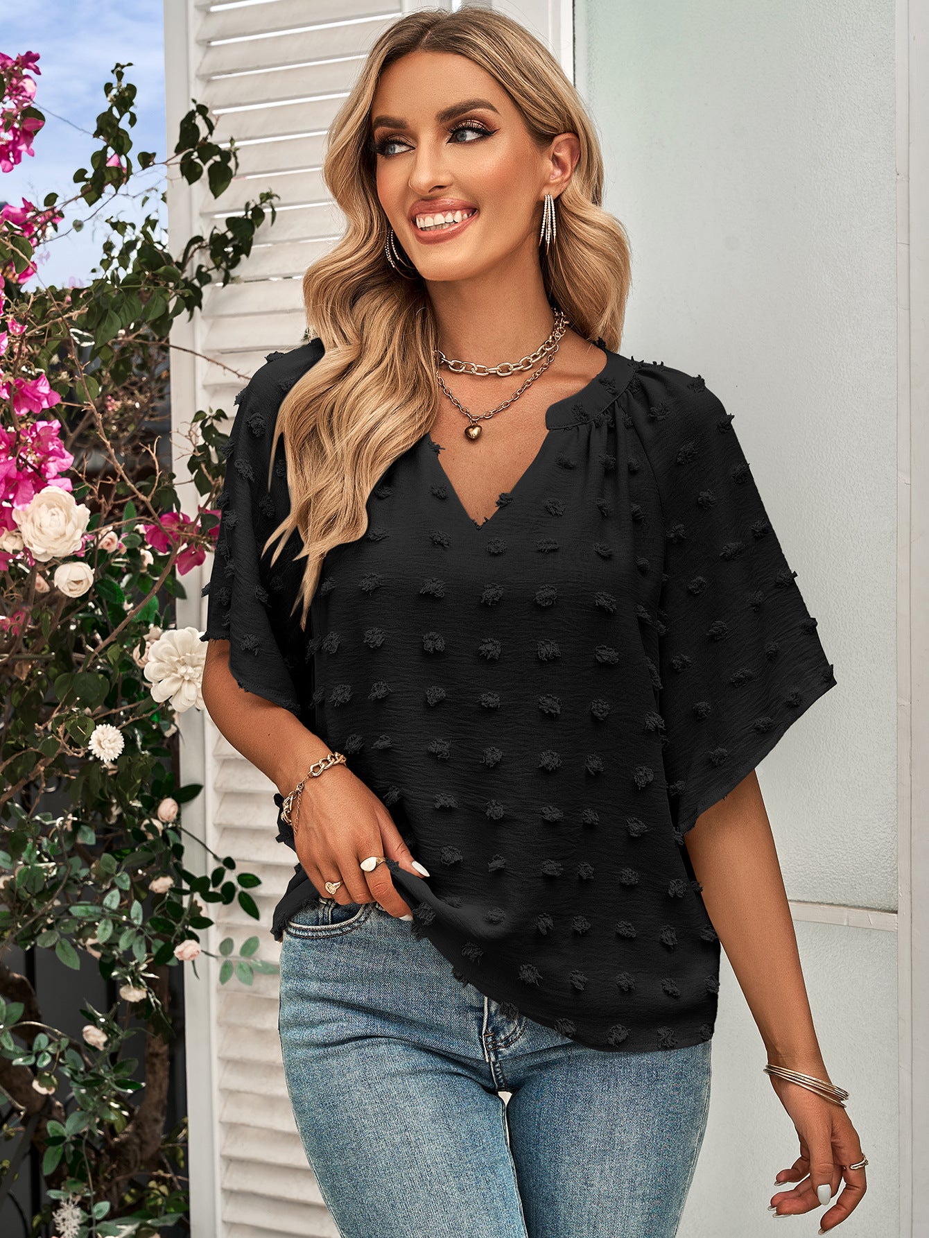 Casual V-neck Solid Furball Top