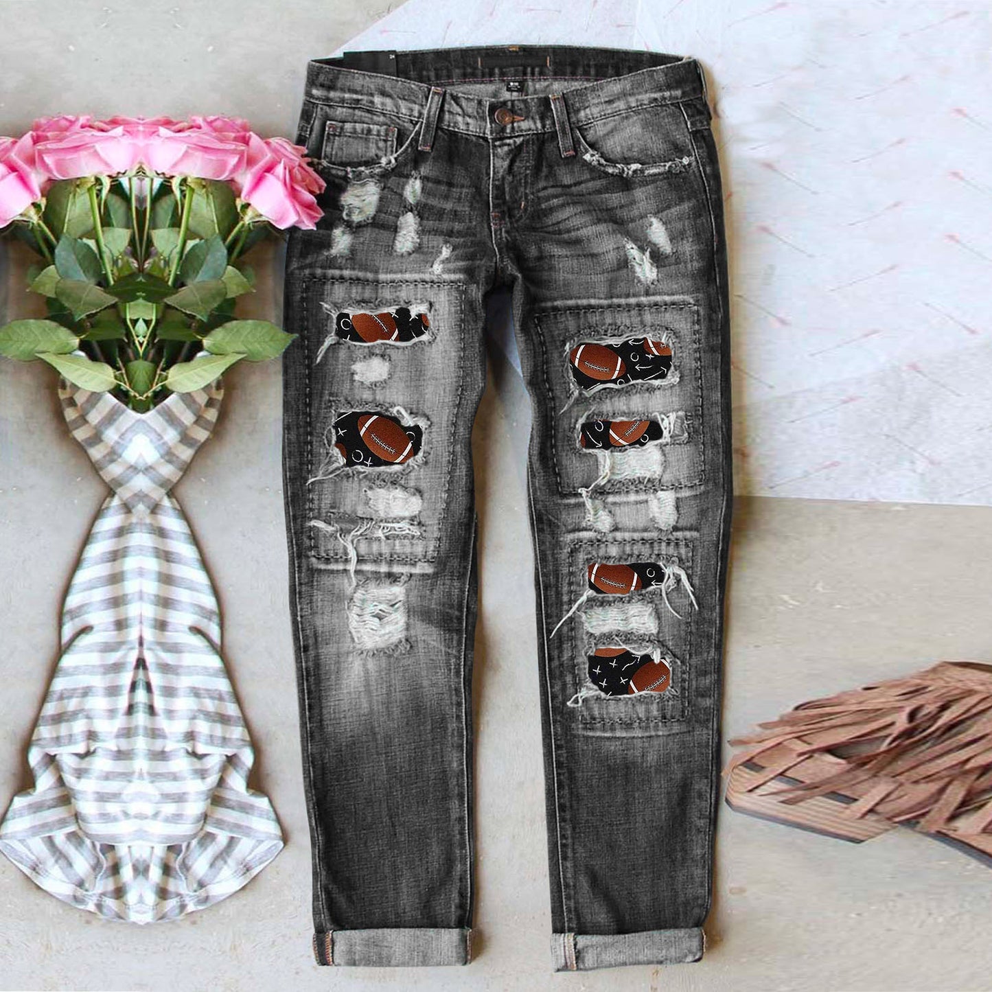 High Waist Wide Leg Jeans Rugby Print Straight Pants