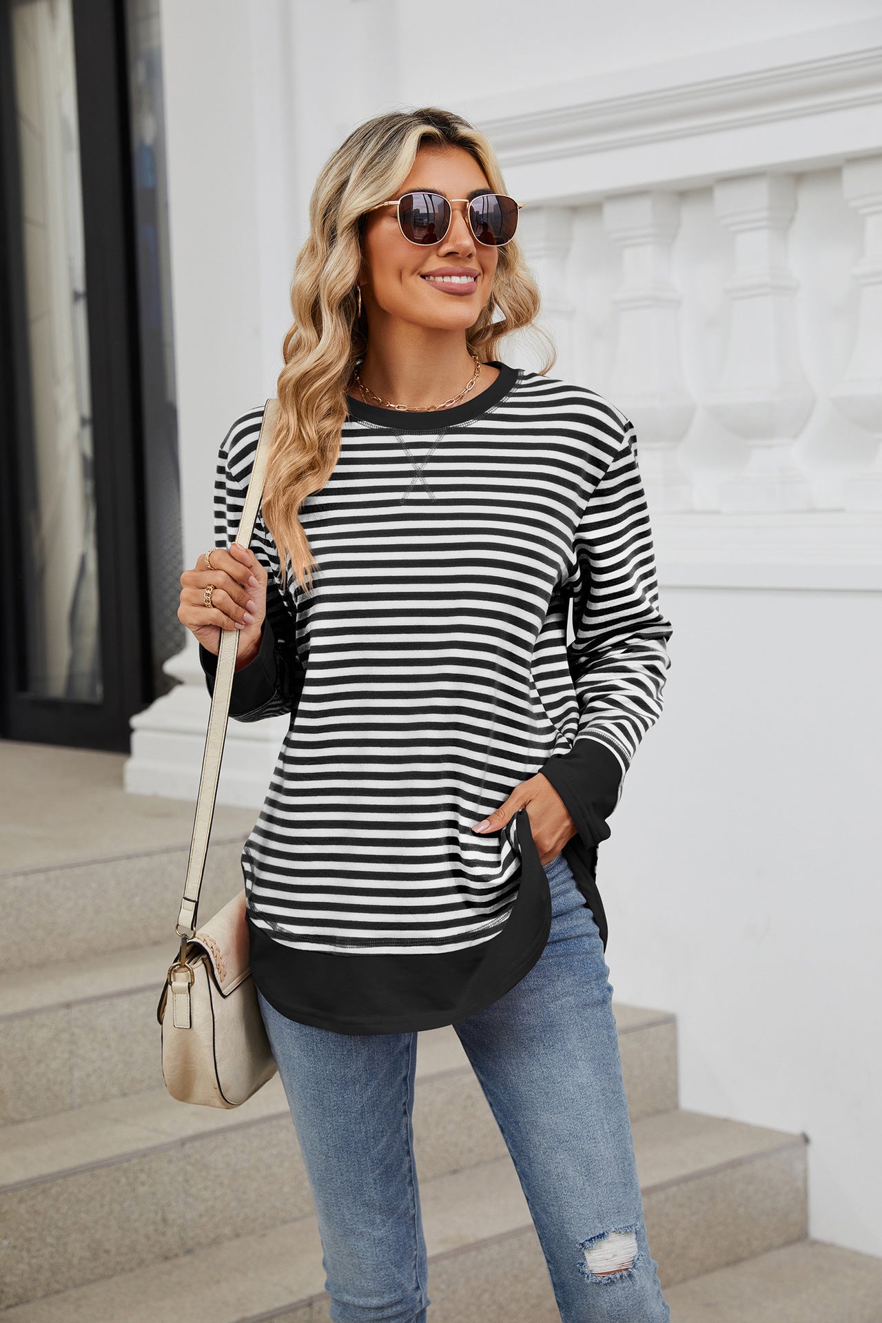 Striped Contrast Color Crew Neck Loose Long Sleeve Sweater