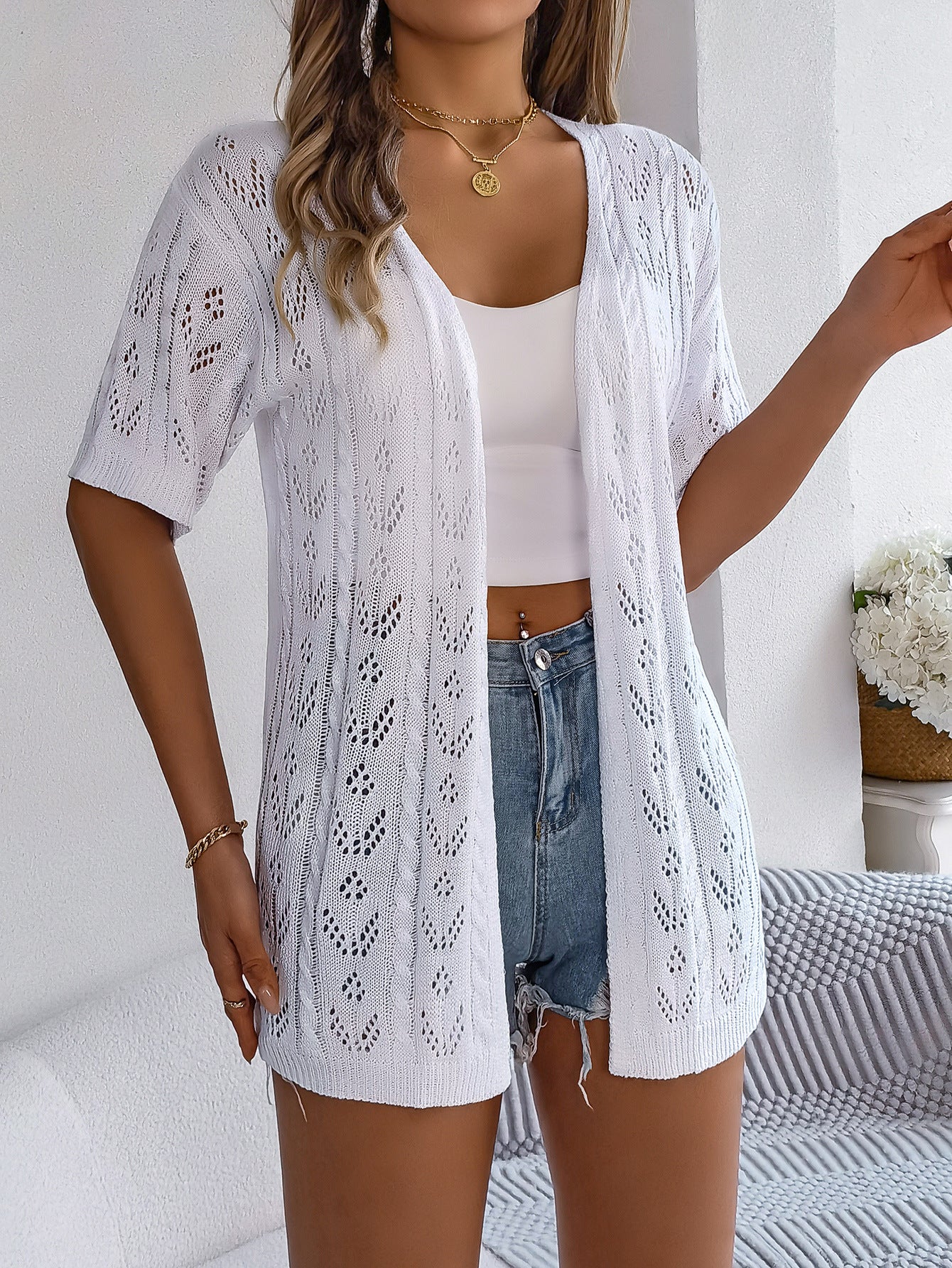 Cut-Out Short-Sleeved Knitted Cardigan Holiday Sunscreen