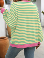 Women Color Striped Crew Neck Loose Sweatshirt Sweater