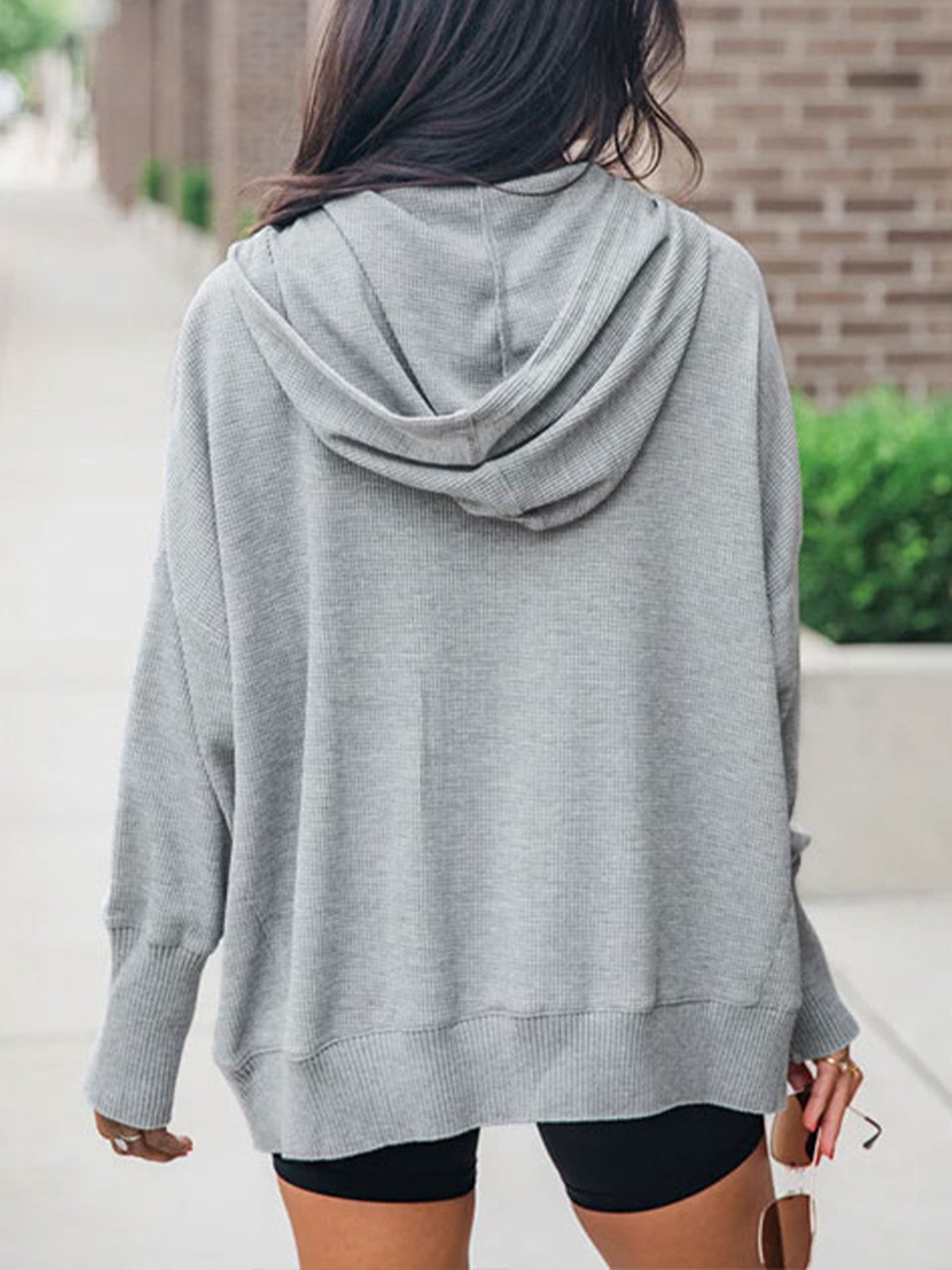 V-neck Solid Color Hooded Sweater Top Women