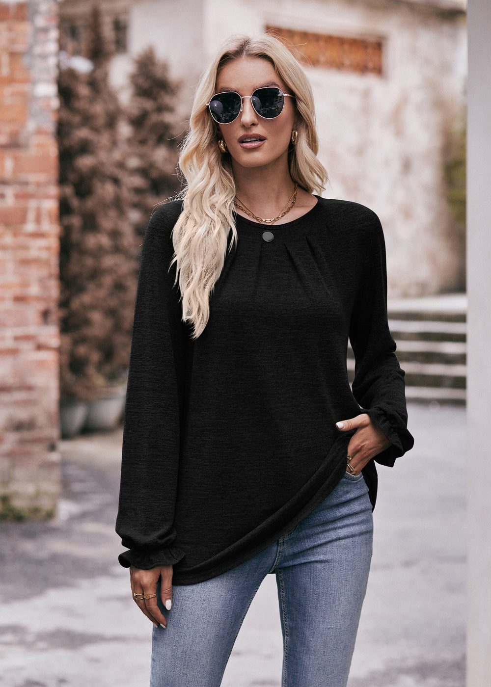 Casual Crew Neck Pleated Polished T-shirt Long-sleeved Top