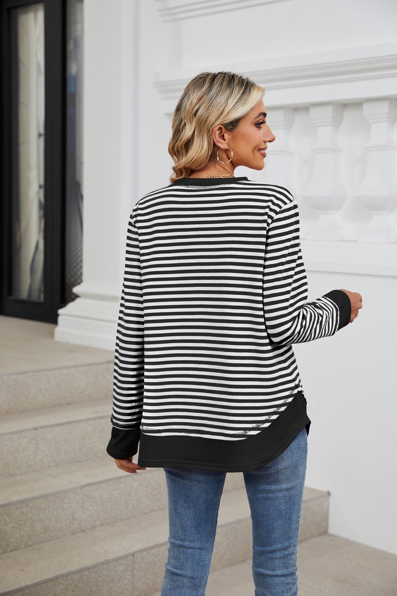 Striped Contrast Color Crew Neck Loose Long Sleeve Sweater