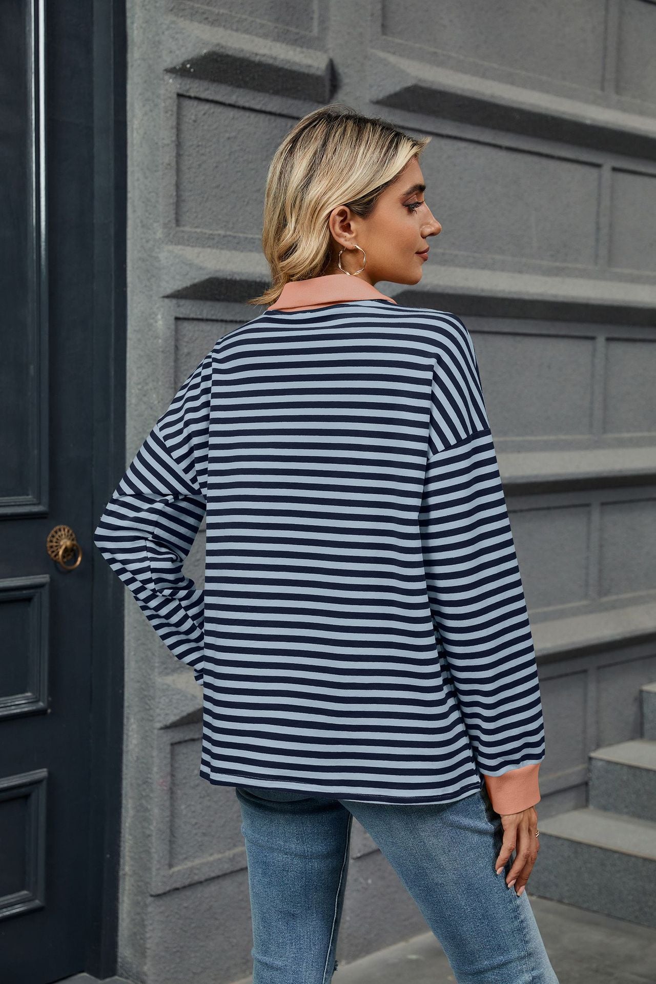 Lapel Loose Long Sleeve Striped Sweater