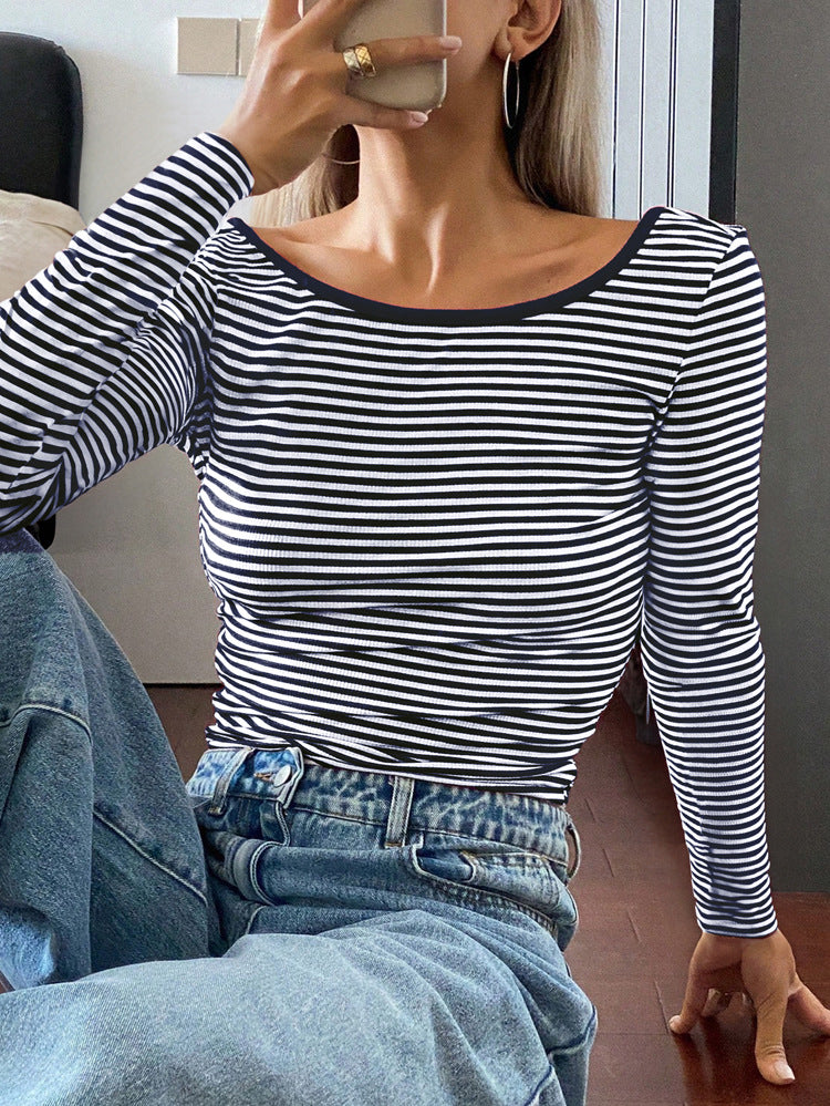 Top Striped Contrasting Halter Long-sleeved T-shirt