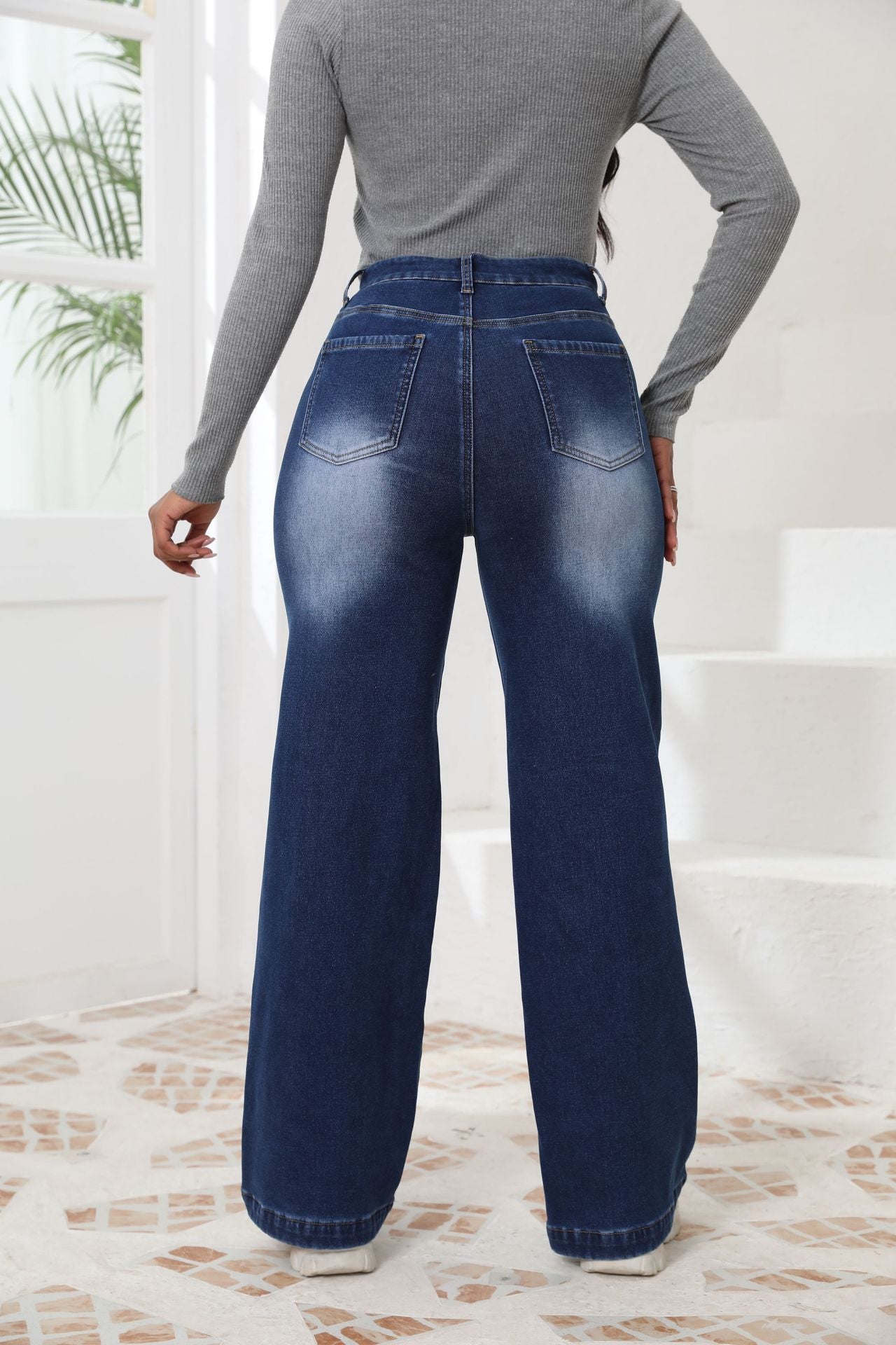 Women's Fleece Thickened Wide-leg Pants Straight High-waisted Jeans