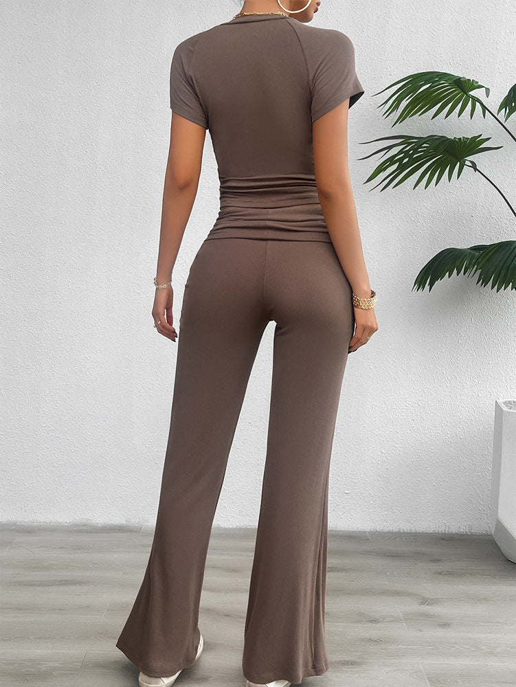 Short Sleeve Crop Top Wide Leg Pants Set Jumpsuits