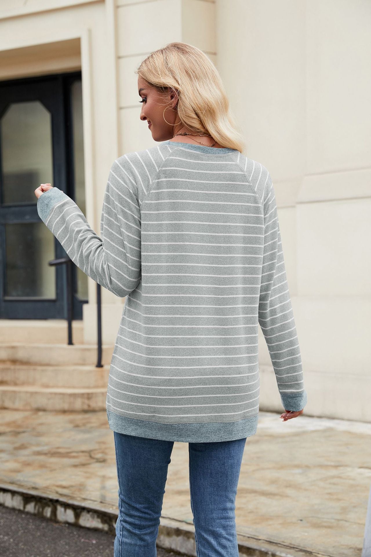 Striped Contrast Color Crew Neck Long Sleeve Loose Casual