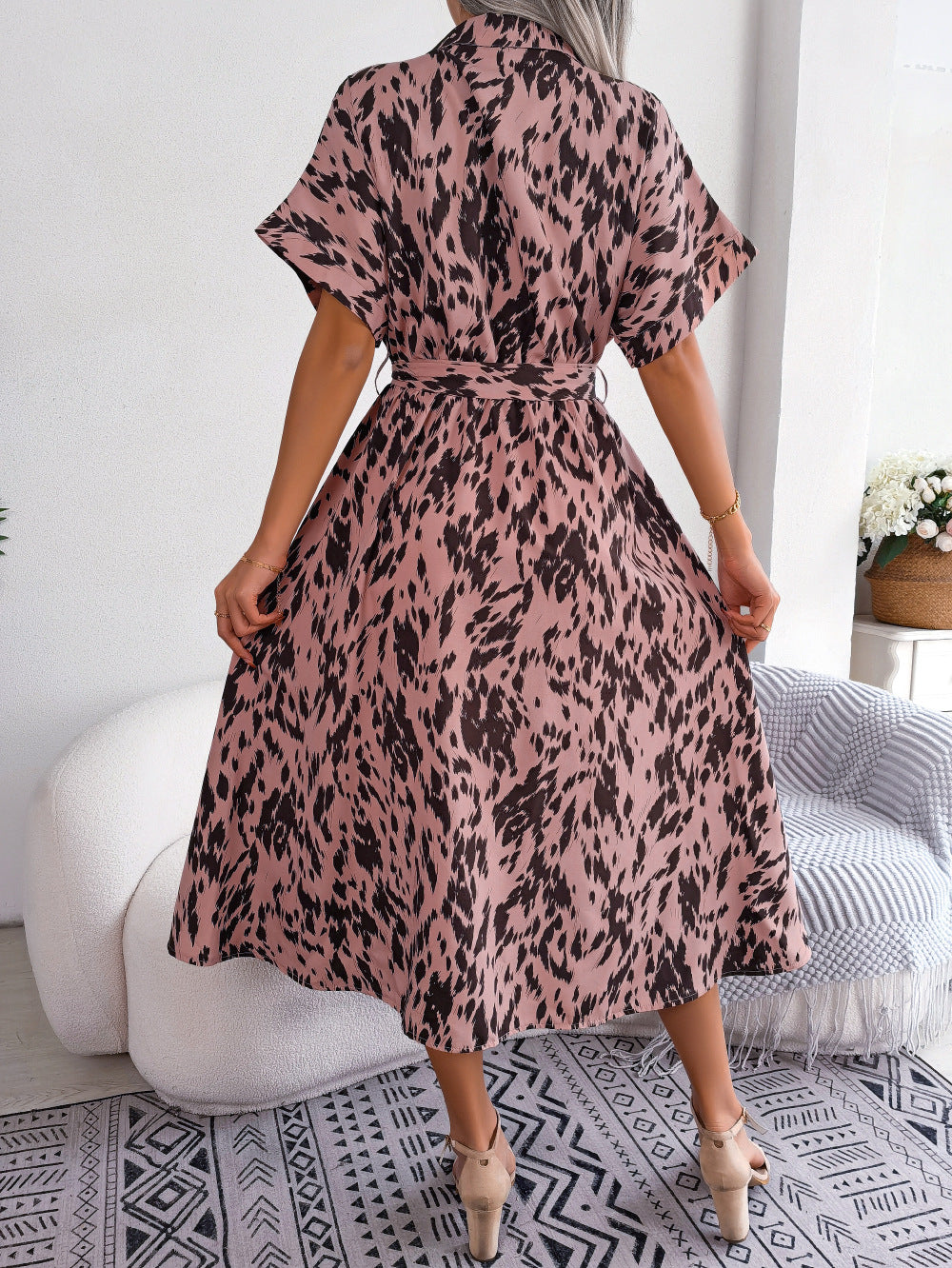 Casual Loose Leopard Print Lace-up Dress V-Neck