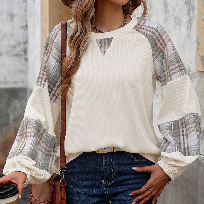 Plaid Contrasting Splicing Sweater Crew Neck Pullover Loose Top