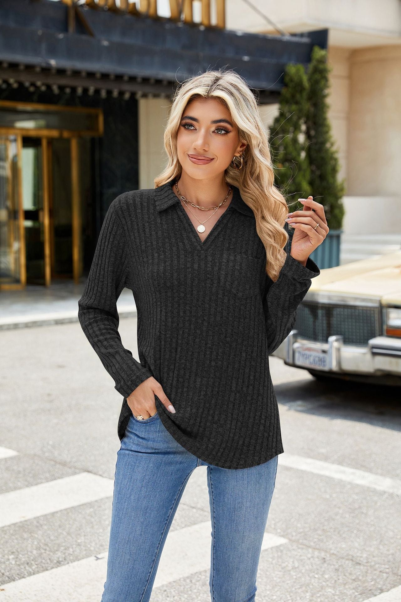 Solid Color Lapel Pocket Long Sleeve Loose T-shirt