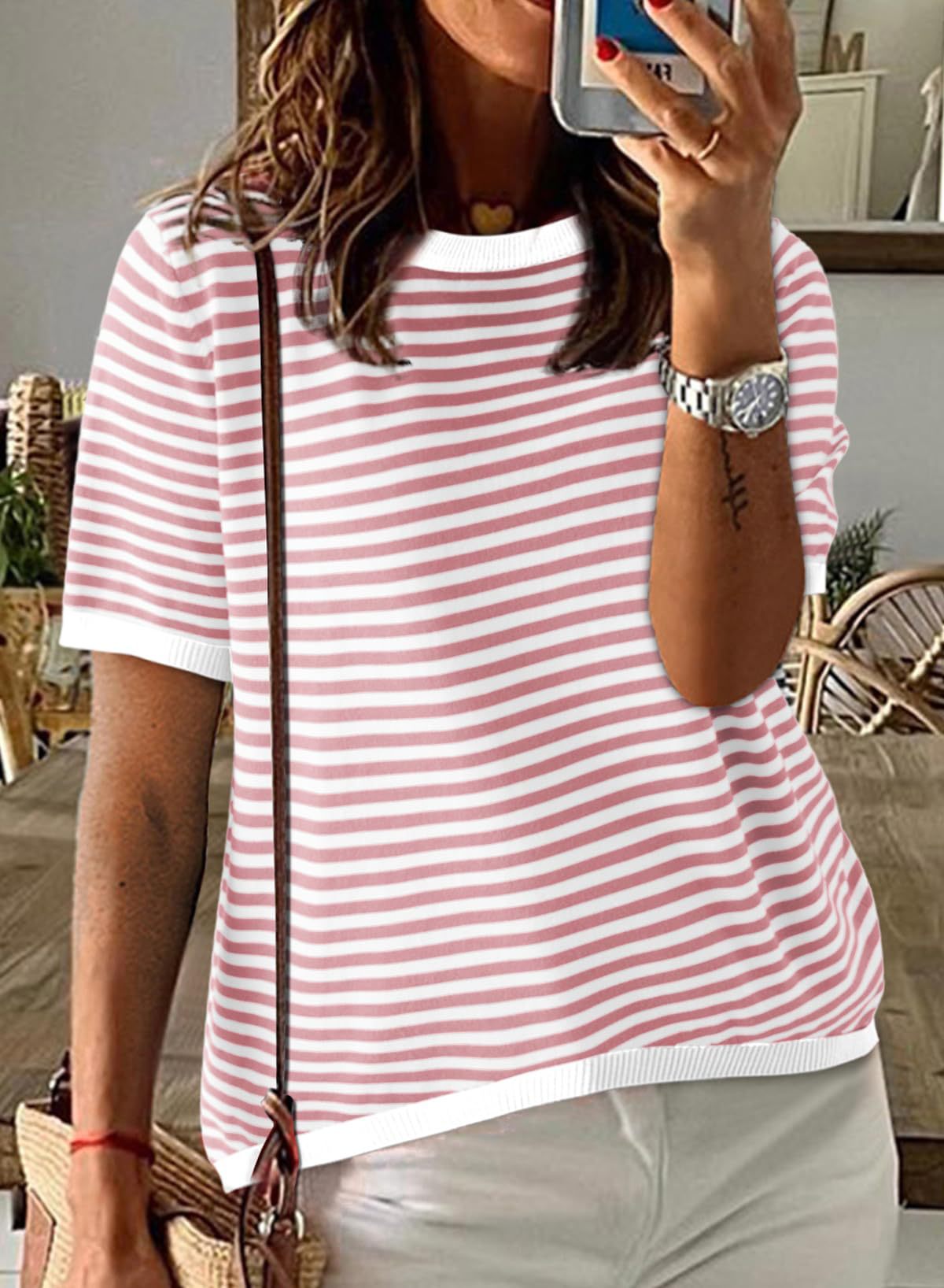 Women's Crew Neck Striped Contrast Short Sleeve Casual Sweater