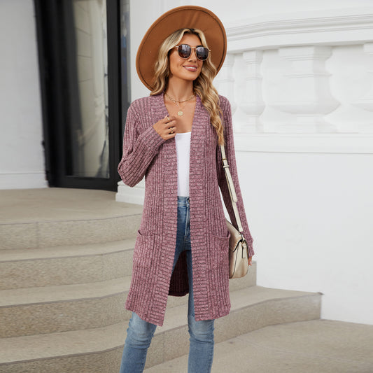 Long Solid Color Long-sleeved Loose Pocket Cardigan