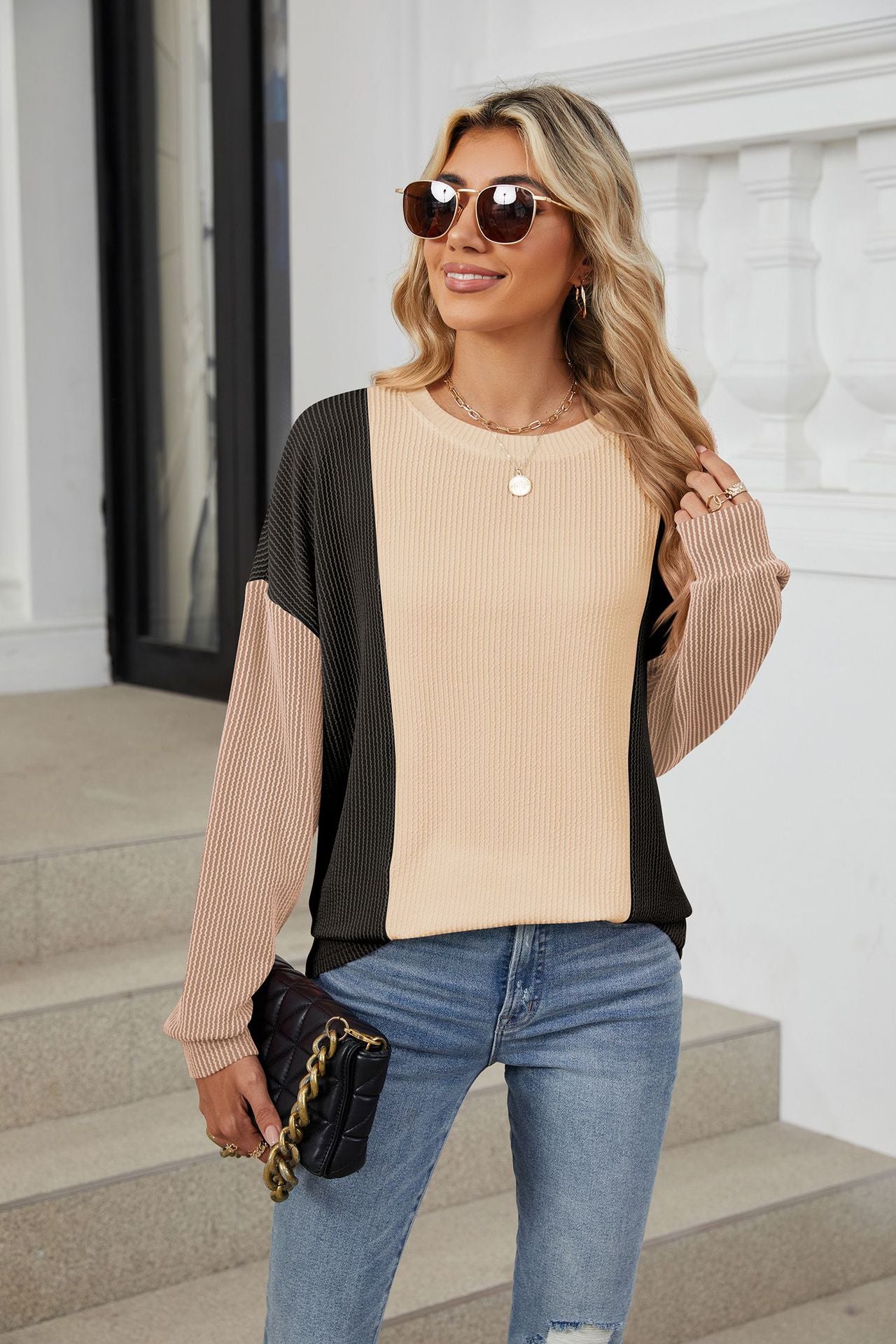 Crew Neck Splicing Loose Sleeve Long Sleeve