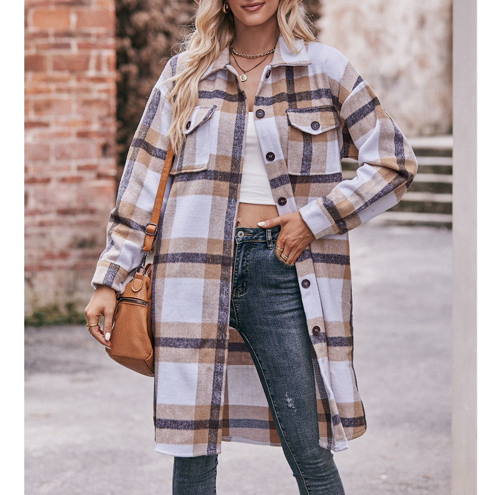 Women's Casual Flannel Plaid Shirt Long Jacket