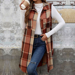 Sleeveless Lapel Cardigan Jacket Retro Plaid Vest