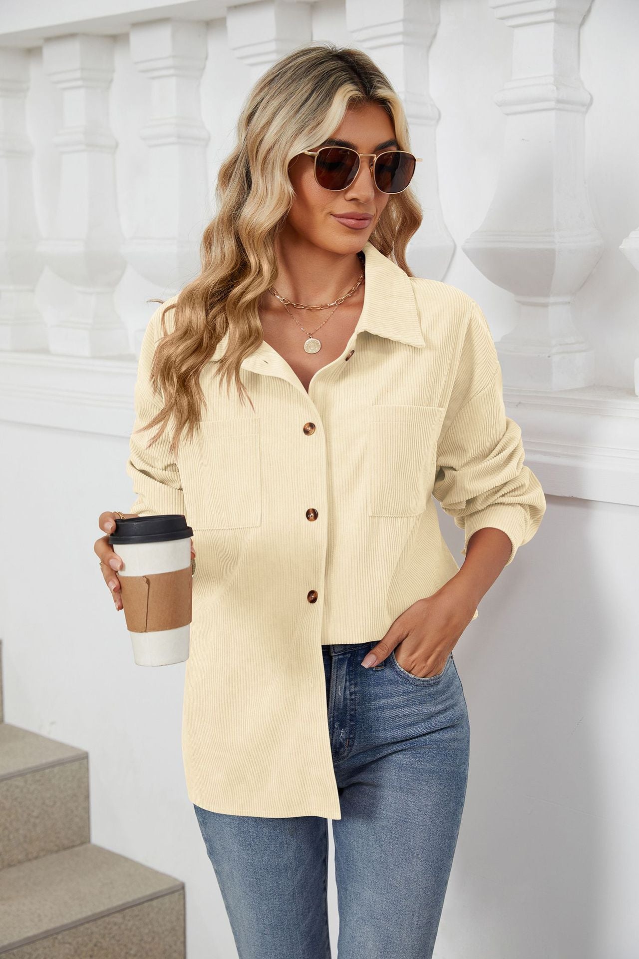 Women's Corduroy Lapel Long Sleeve Jacket