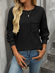 Women's Solid Color Crew Neck Pocket Casual Loose T-Shirt