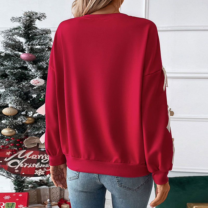 Crew Neck Pullover Top 3D Bowknot Trim Loose Sweatshirts