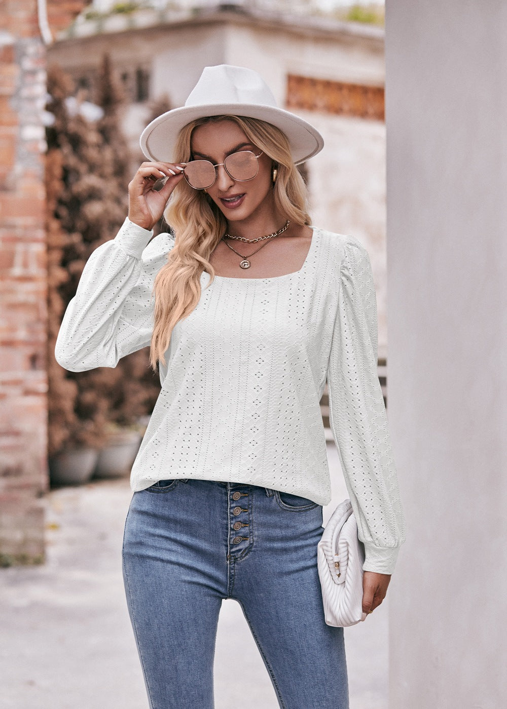 Square Neck T-shirt Hollow Long Sleeve Casual Top