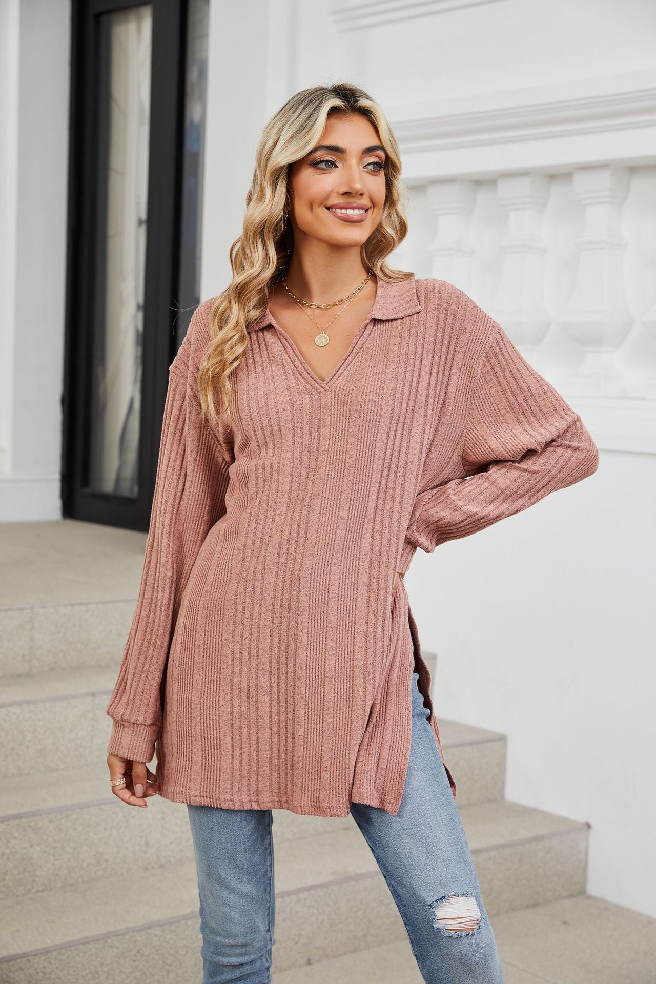 Solid Color V-neck Long-sleeved Loose T-shirt Top