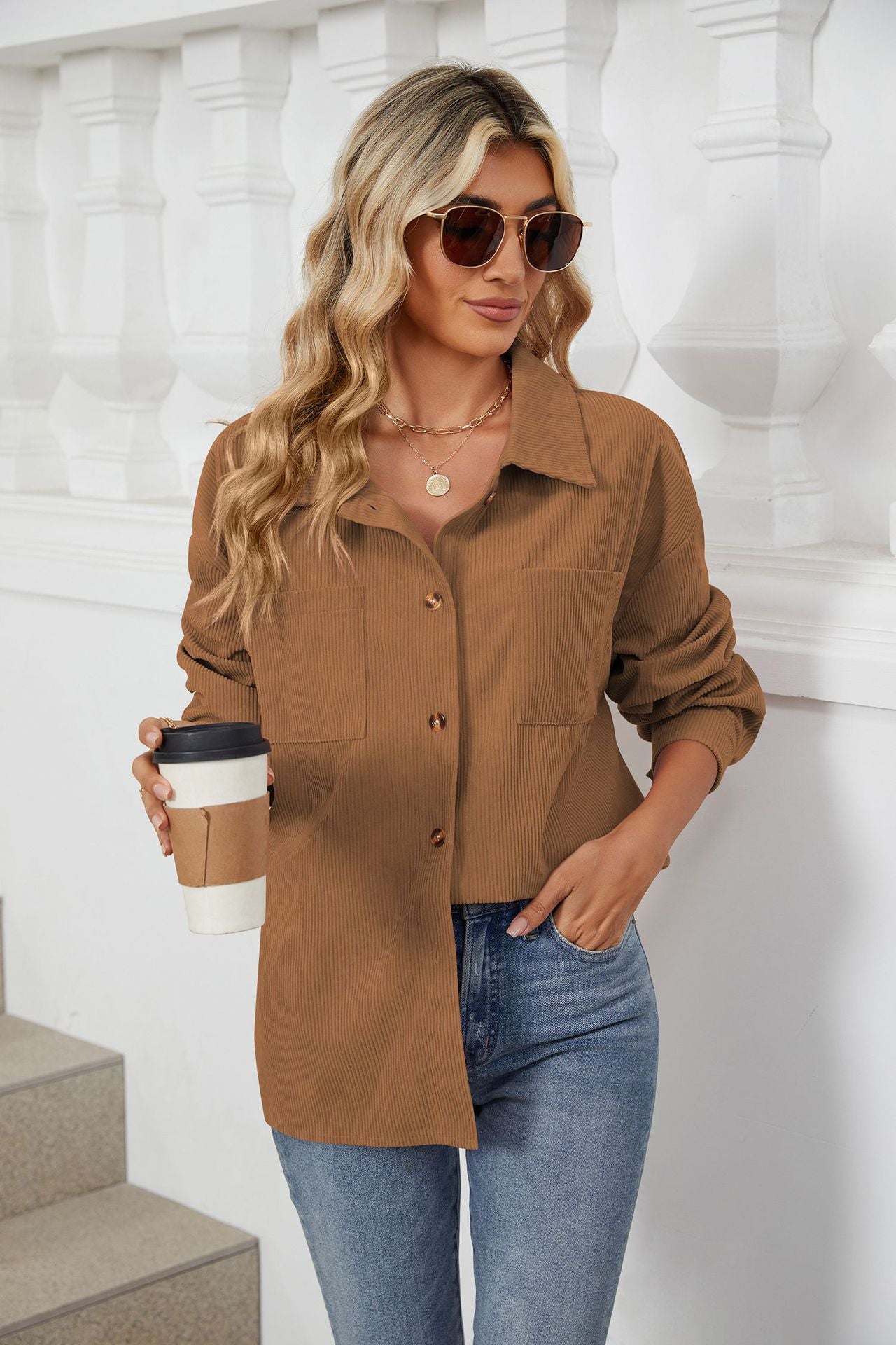 Women's Corduroy Lapel Long Sleeve Jacket