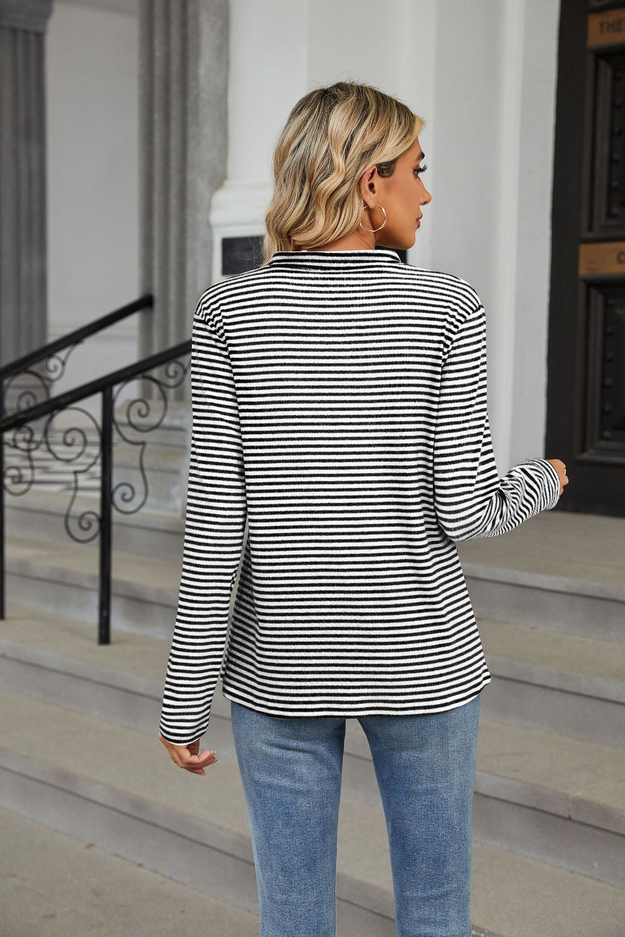 V-neck Button Striped Loose Long Sleeves