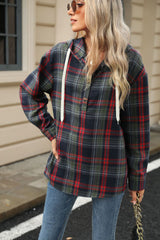 Long Sleeve Hooded Button Plaid Jacket Sweater