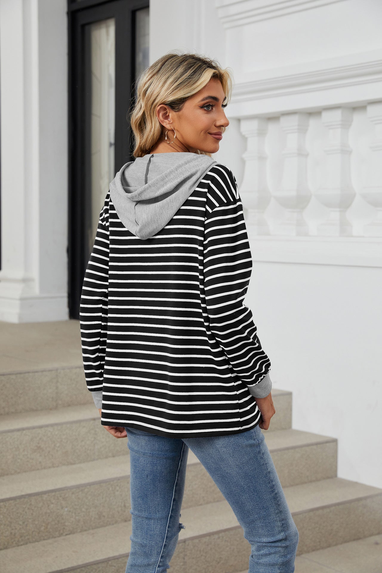 Striped Contrasting Splicing Hooded Long-sleeved Loose Sweater