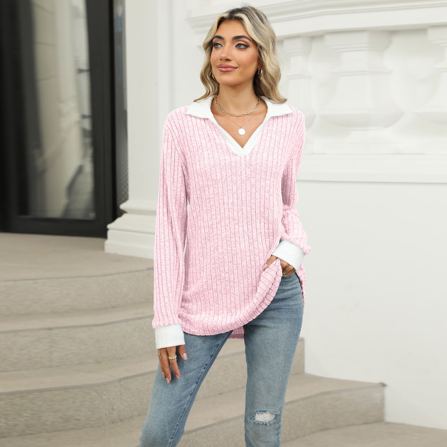 Contrasting Lapel Long Sleeve Loose T-Shirt Top