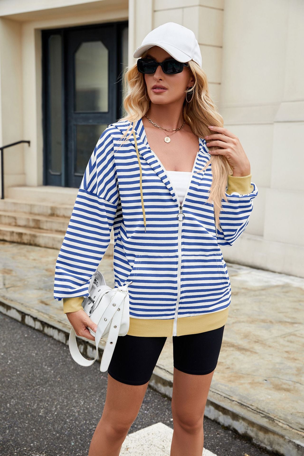 Striped Hooded Contrasting Color Loose Pocket Long Sleeve Sweater Women