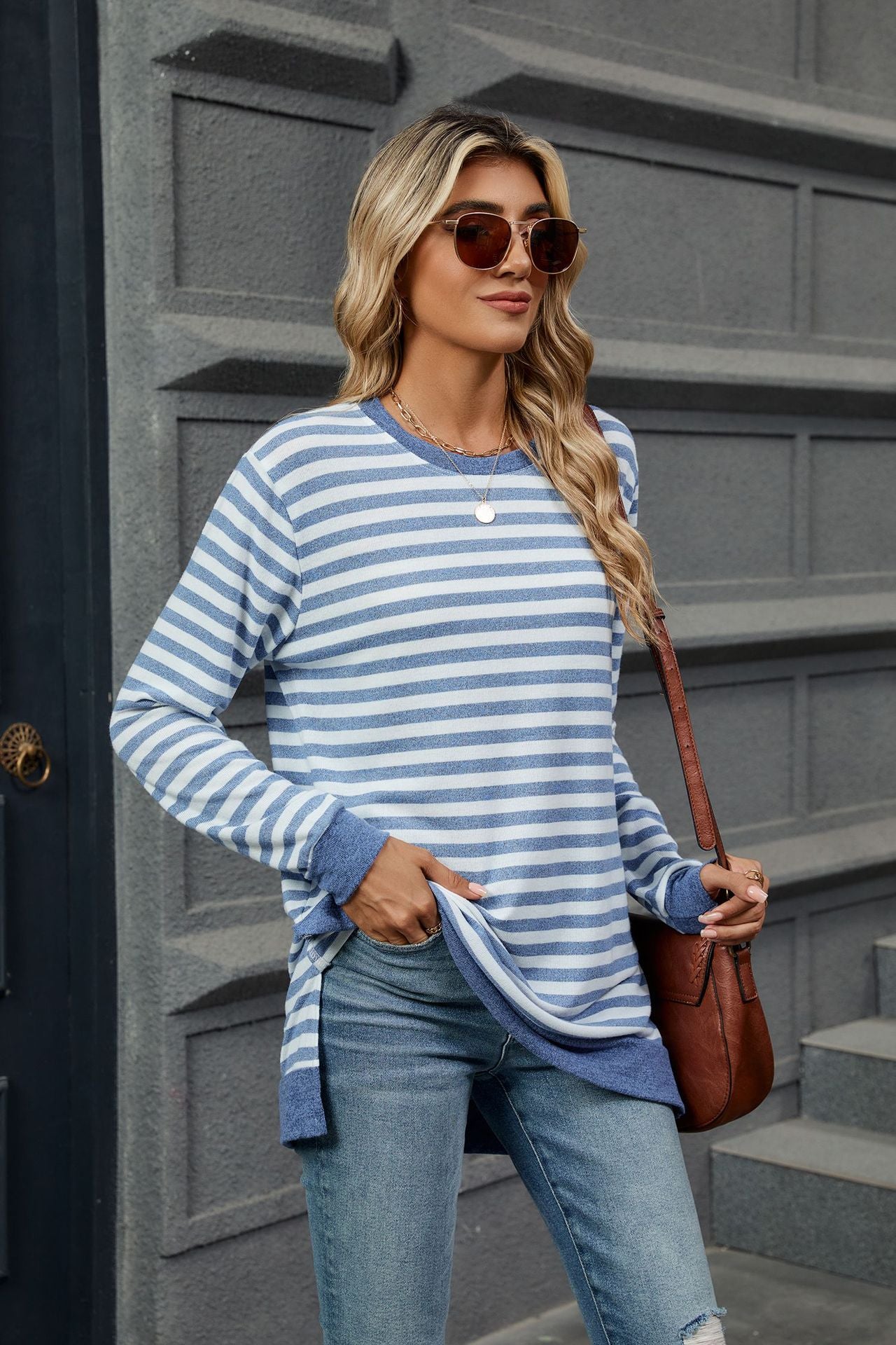 Striped Crew Neck Long Sleeves Loose