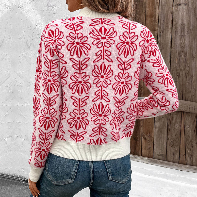 Semi-turtleneck Floral Jacquard Pink Sweater