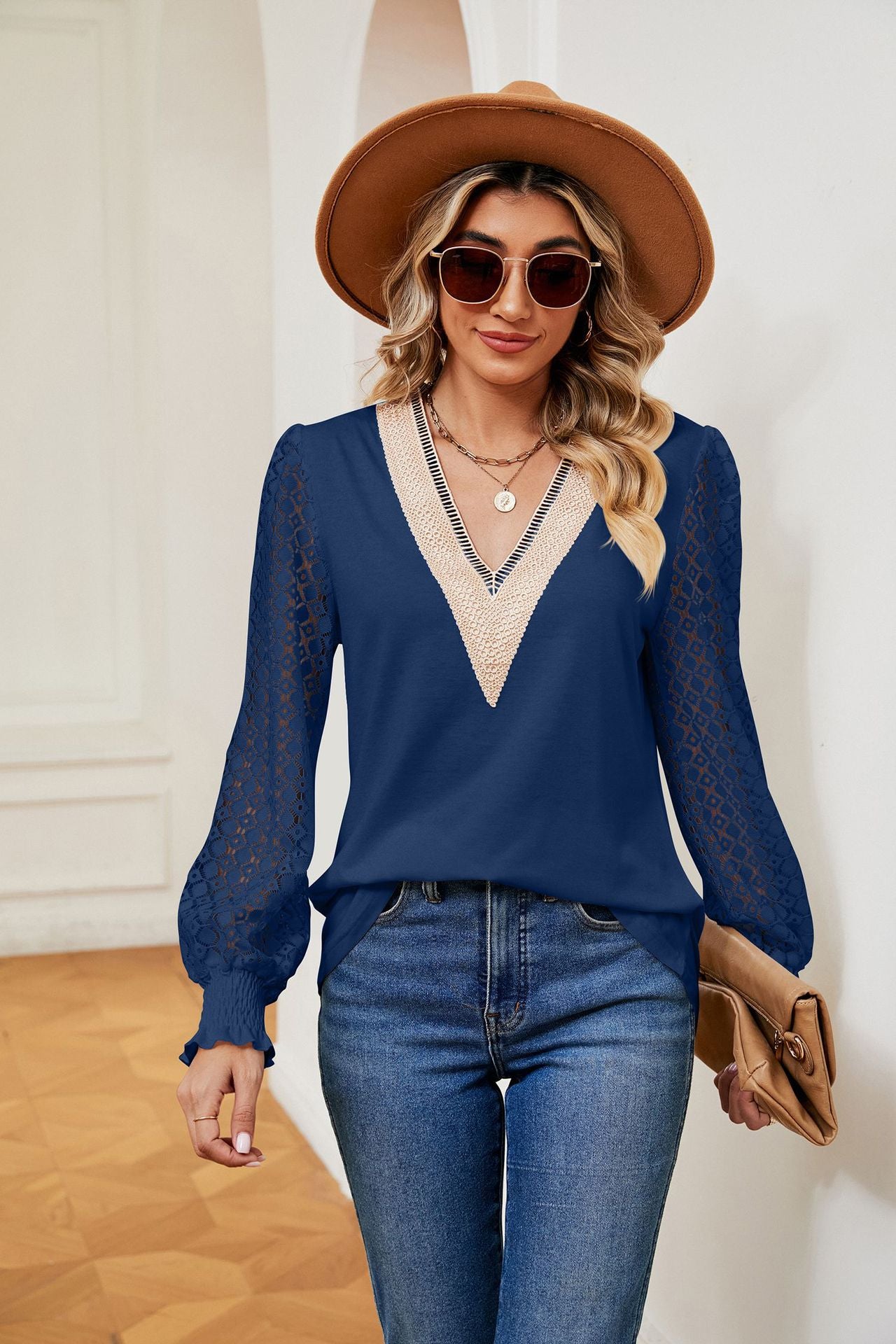 V-Neck Lace Splicing Loose Long Sleeve T-Shirt Top