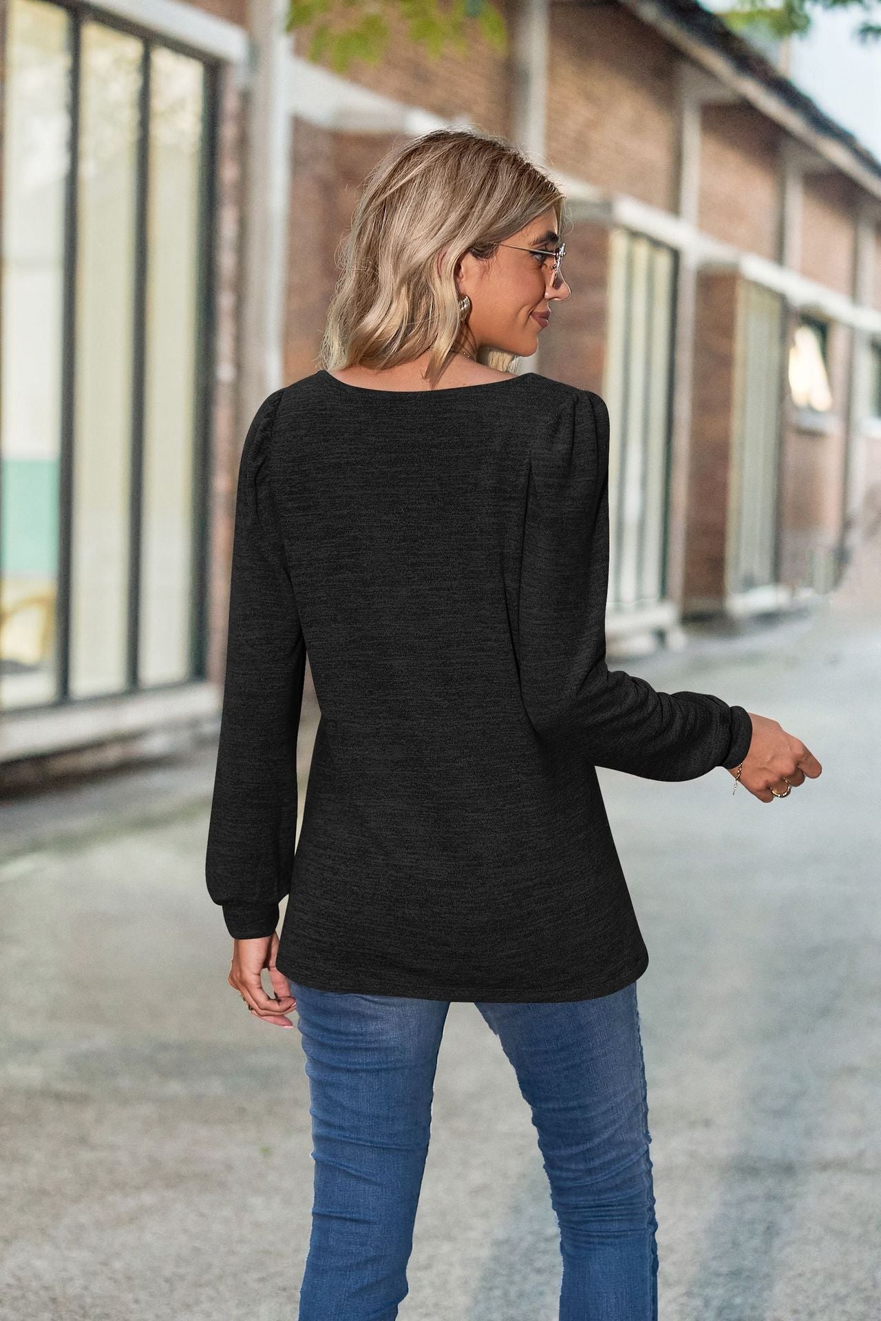 Loose Casual Bubble Sleeves Square Neck Long-sleeved T-shirt