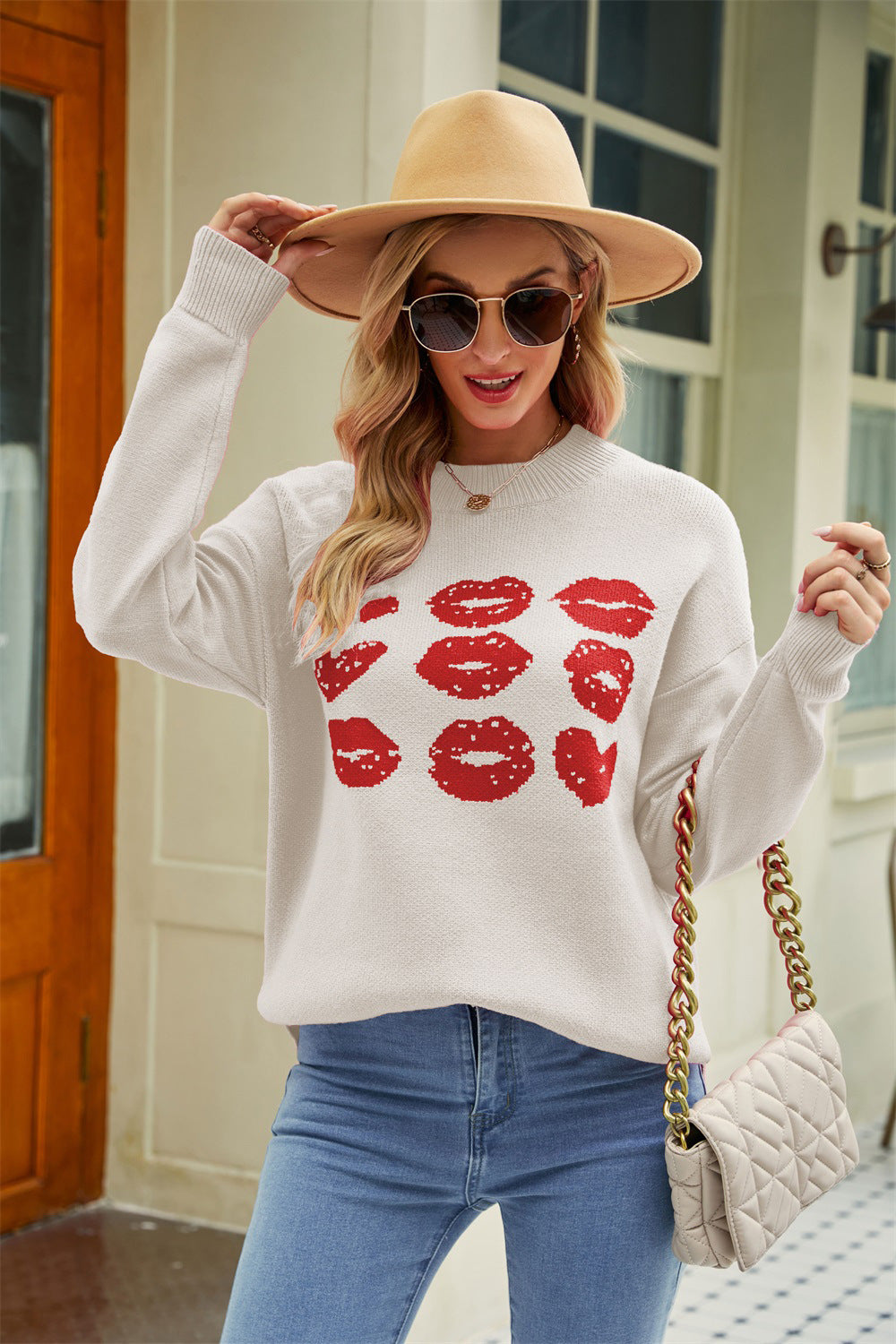 Valentine's Day Crew Neck Jacquard Heart Peach Pullover Knit Sweater