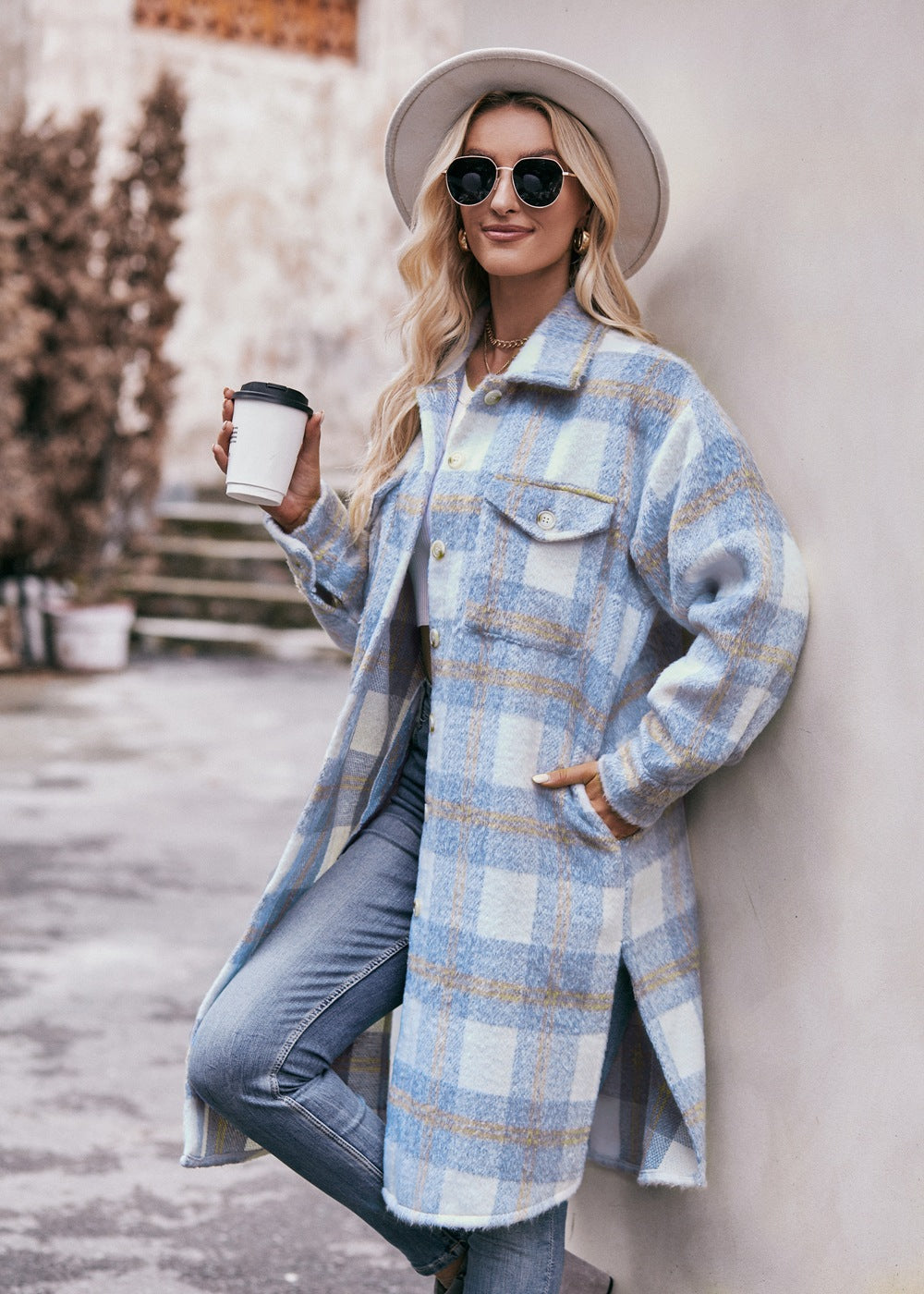 Women's Long Coat Mohair Plaid Jacket