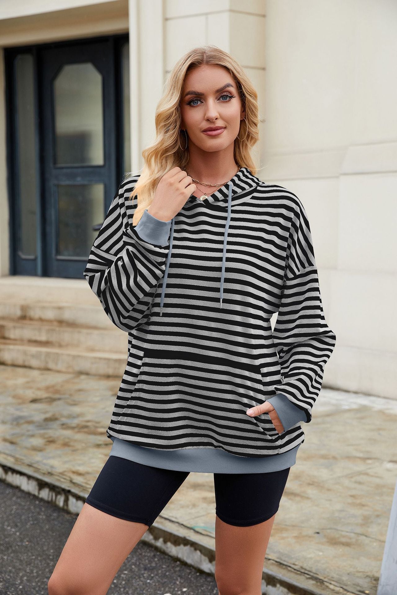 Striped Contrast Casual Hooded Loose Pocket Sweater