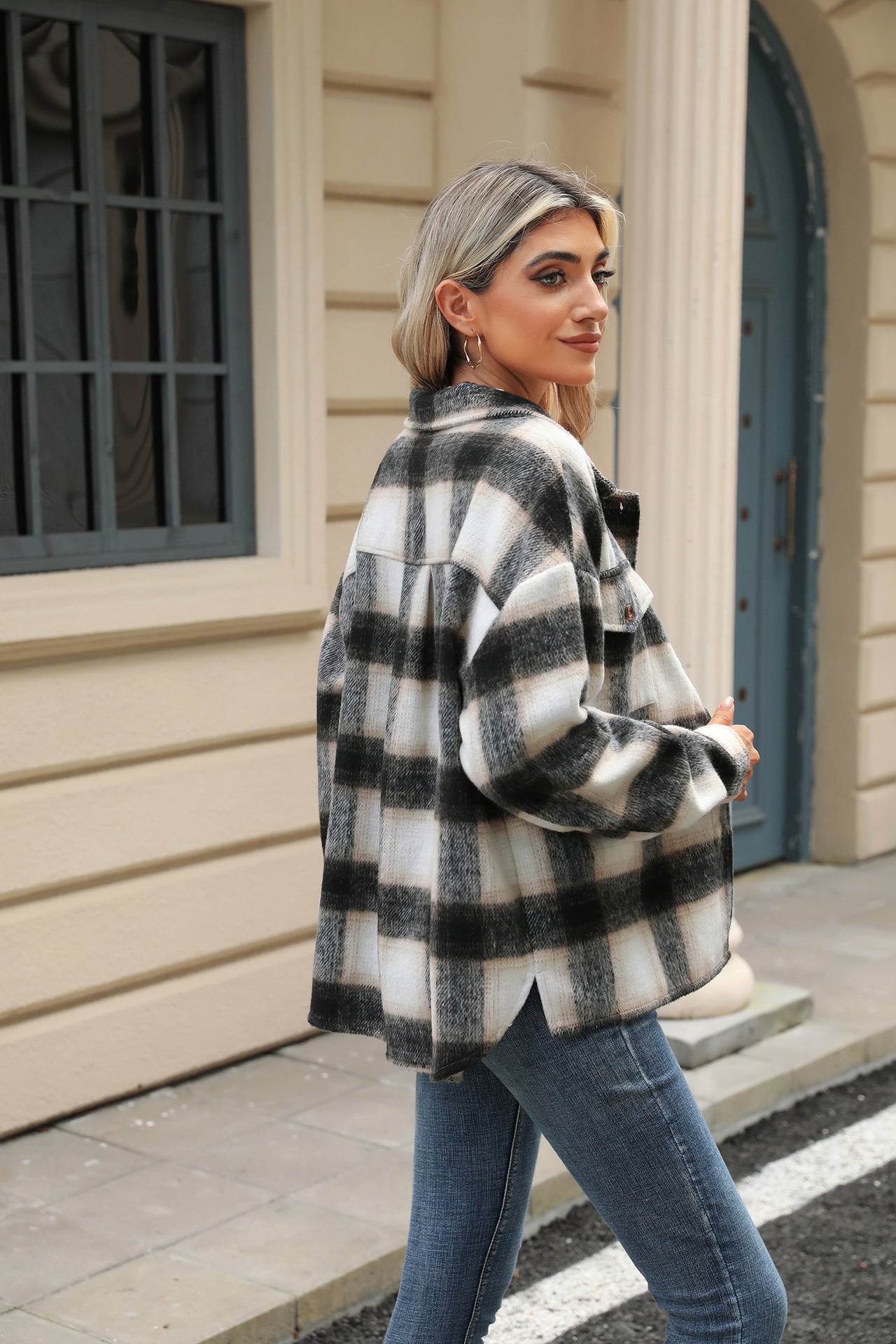 Lapel Plaid Long-sleeved Loose Woolen Jacket