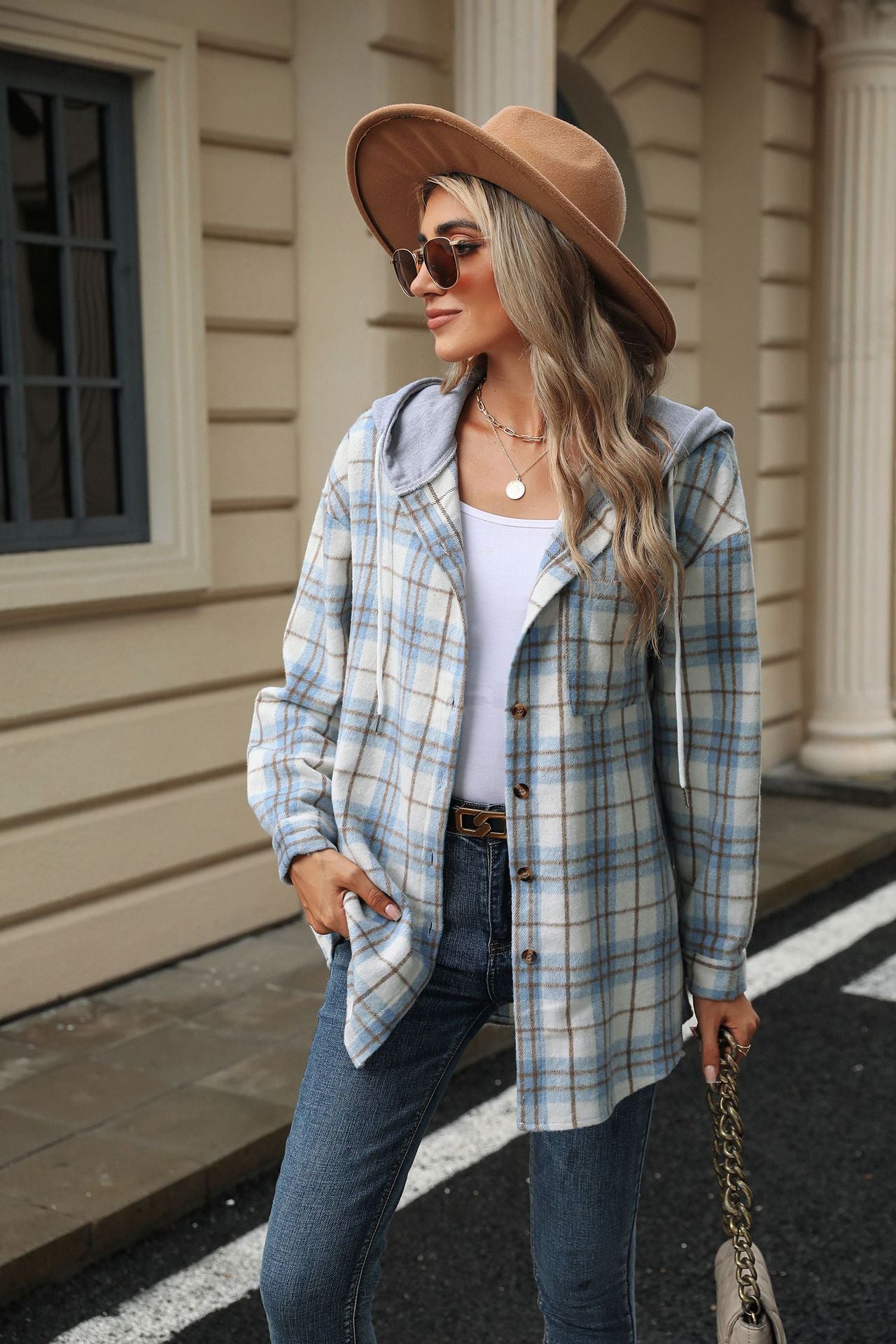 Plaid Contrast Hooded Long Sleeve Loose Wool Jacket