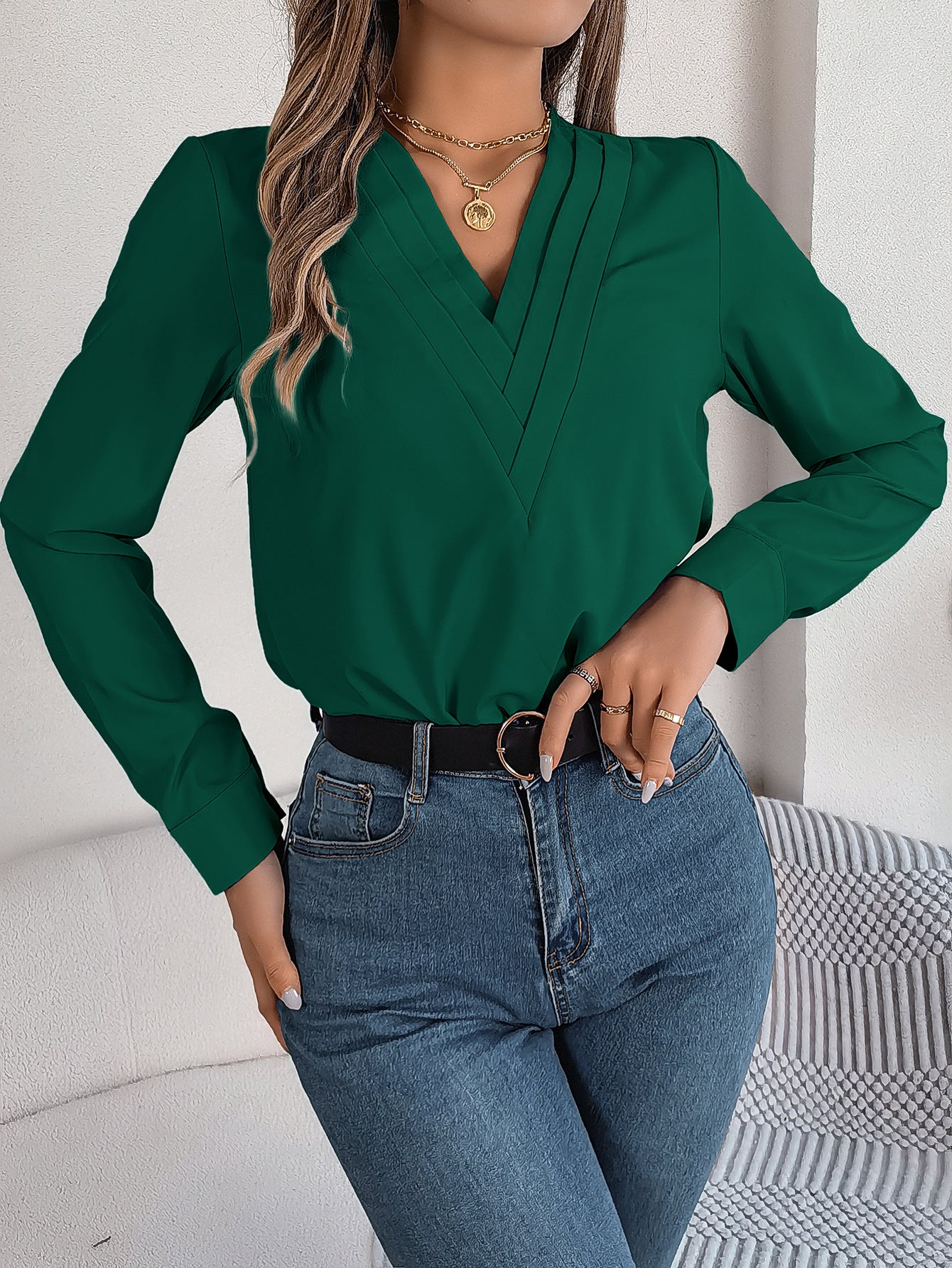 Long Sleeve Tops Pleated V Neck Dressy Casual Blouse Shirt Top