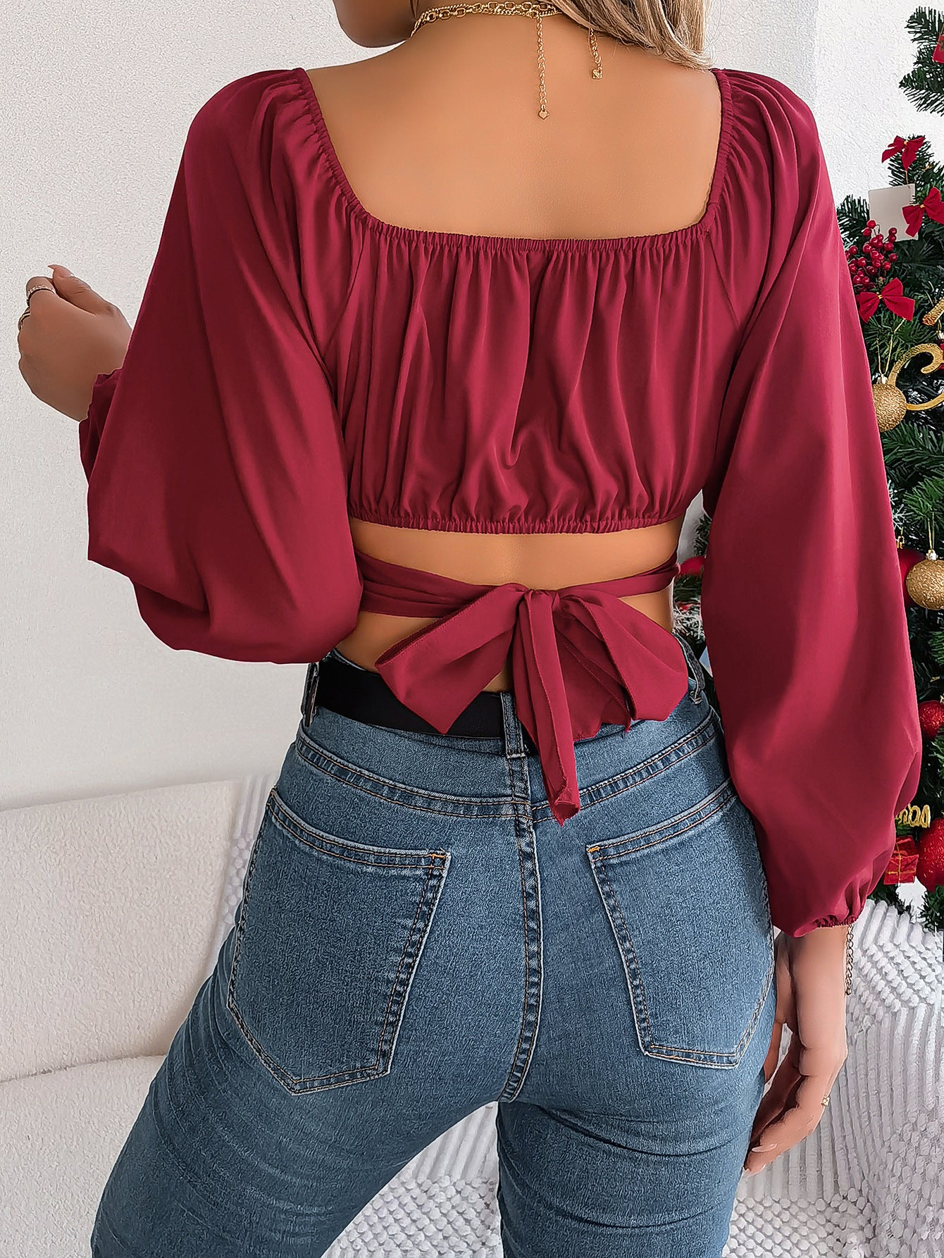 Women's Tops Casual Lantern Sleeve Tie Waist Chiffon Crop Top