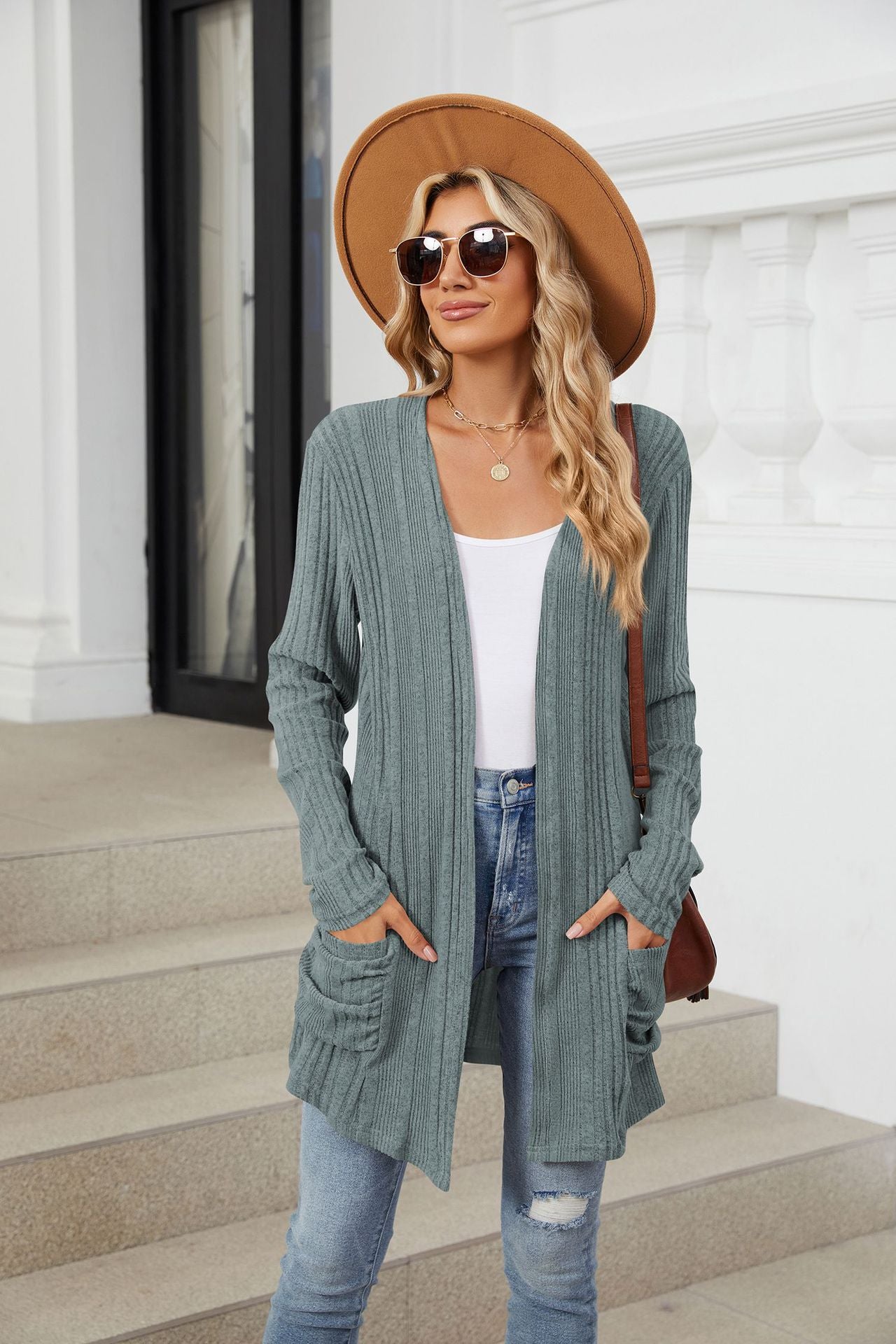 Solid Color Pit Strip Abraded Pocket Cardigan Long-sleeved Jacket