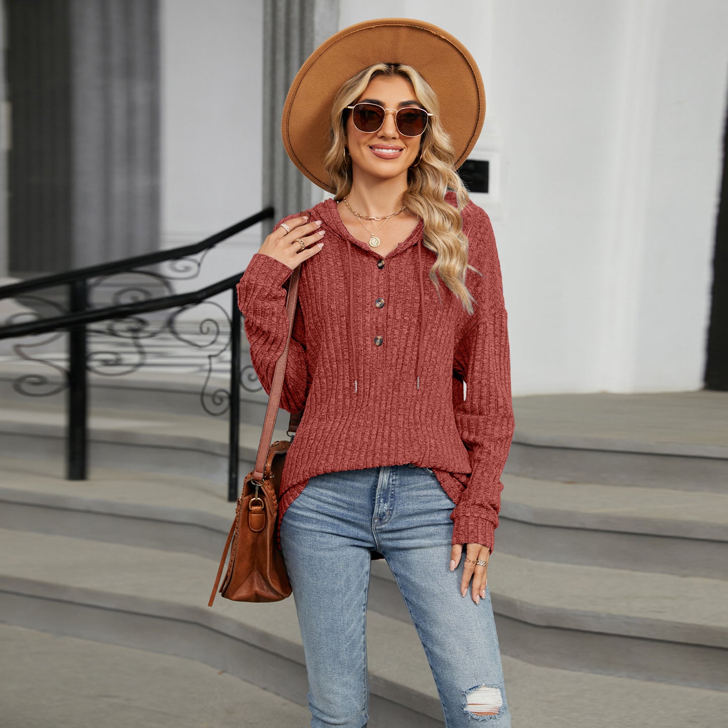 Solid Color Hooded Button-down Sweater