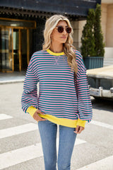 Striped Crew Neck Contrast Color Loose Long Sleeve Sweater