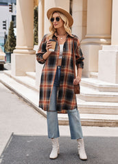 Women's Casual Fashion Loose Long Trench Coat Plaid Shirt