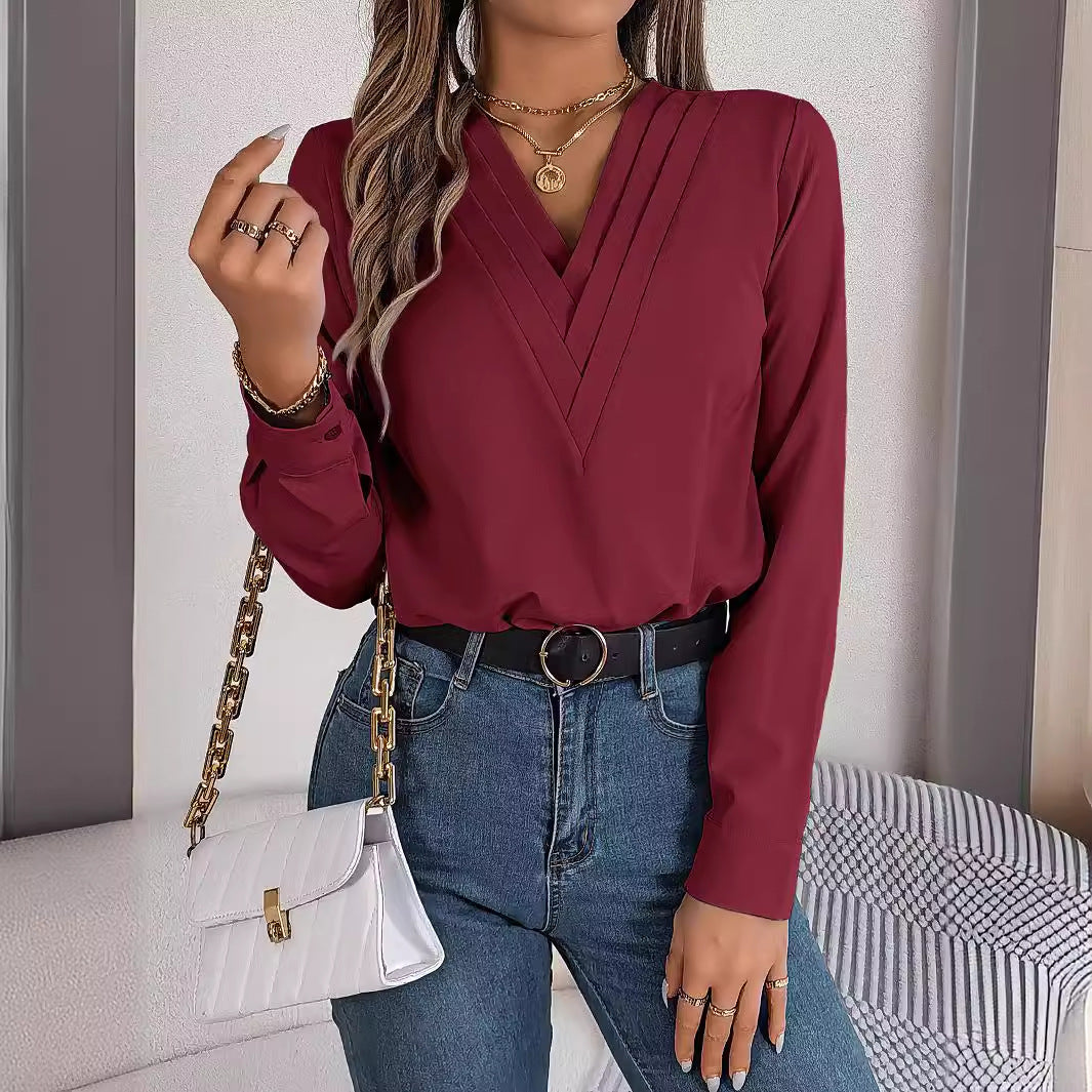 Long Sleeve Tops Pleated V Neck Dressy Casual Blouse Shirt Top